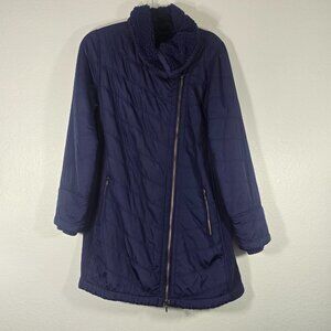 PrAna Diva Long Jacket Women Medium Blue Asymmetrical Zip Outdoor Fleece Lined